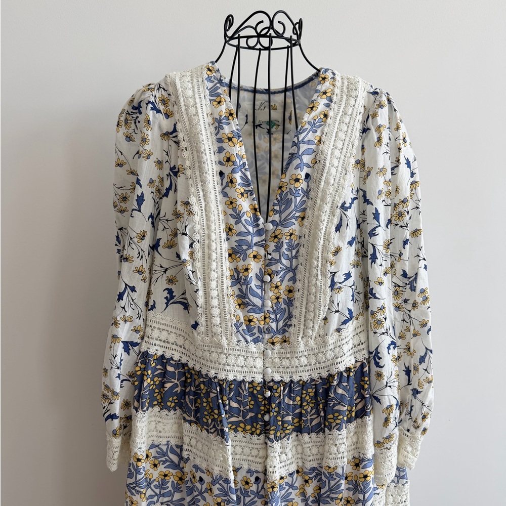 Anthropologie Blue and Cream Floral Dress - Picture 2 of 7